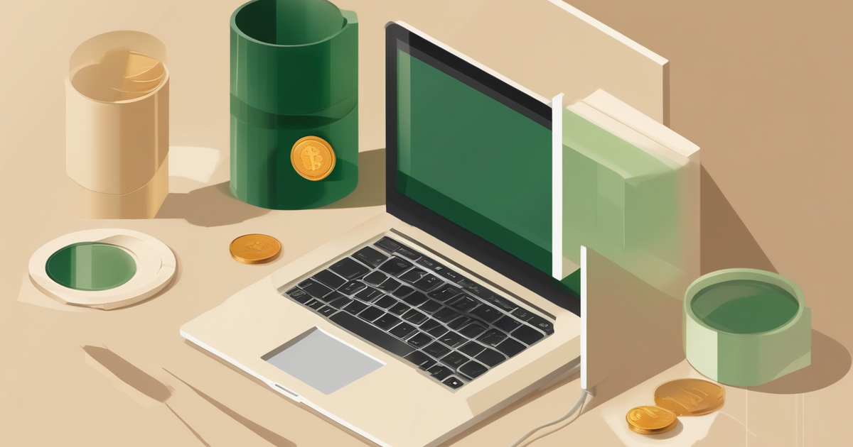 a laptop with a handshake and a coin