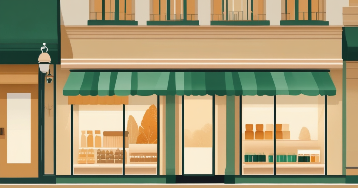 a storefront awning with a shopping bag