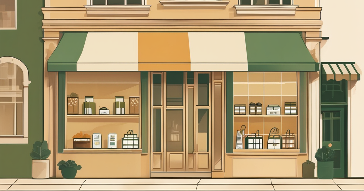 a storefront awning with a shopping bag