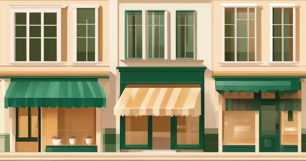 a storefront awning with a shopping bag