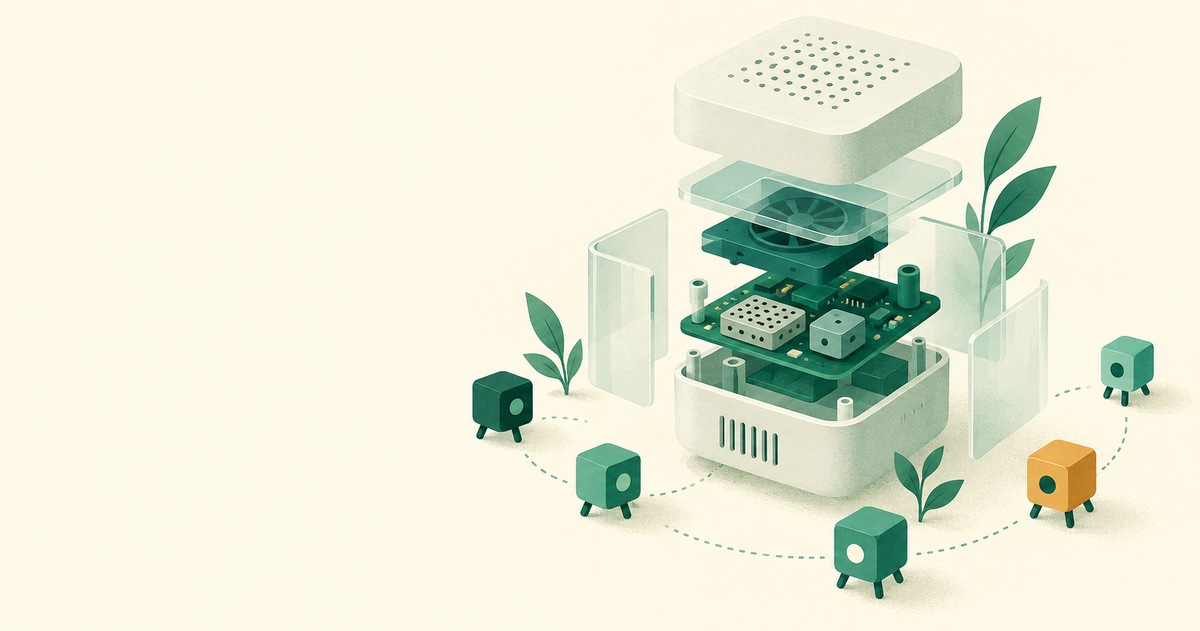 Exploded open air-quality monitor surrounded by connected sensor modules on a cream background