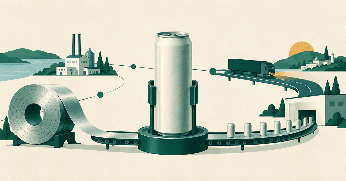 An unbranded tall can sits inside a sparse system of metal, conveyor, truck and factory shapes.