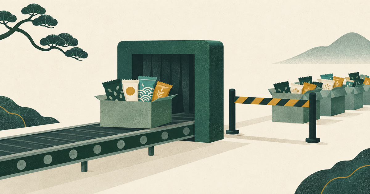 A curated snack box enters a narrow packing lane while more boxes wait behind a capacity gate.