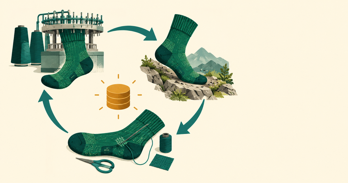 A green sock moves in a cycle from knitting through trail use and repair around an ochre reserve.