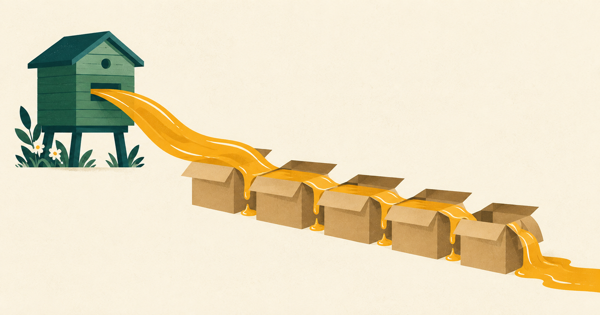 A beehive pours an orderly stream of honey toward waiting shipping boxes on a cream background.