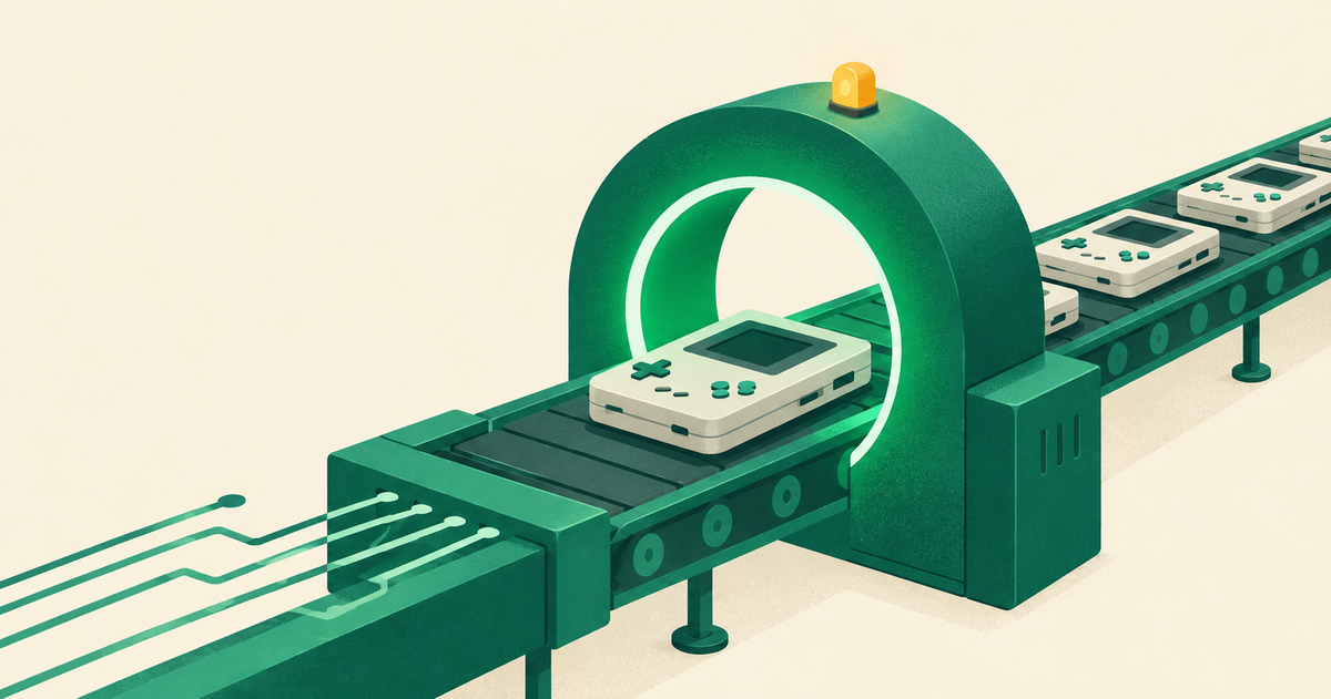 Retro console units pass through a green compliance gate on a production line.
