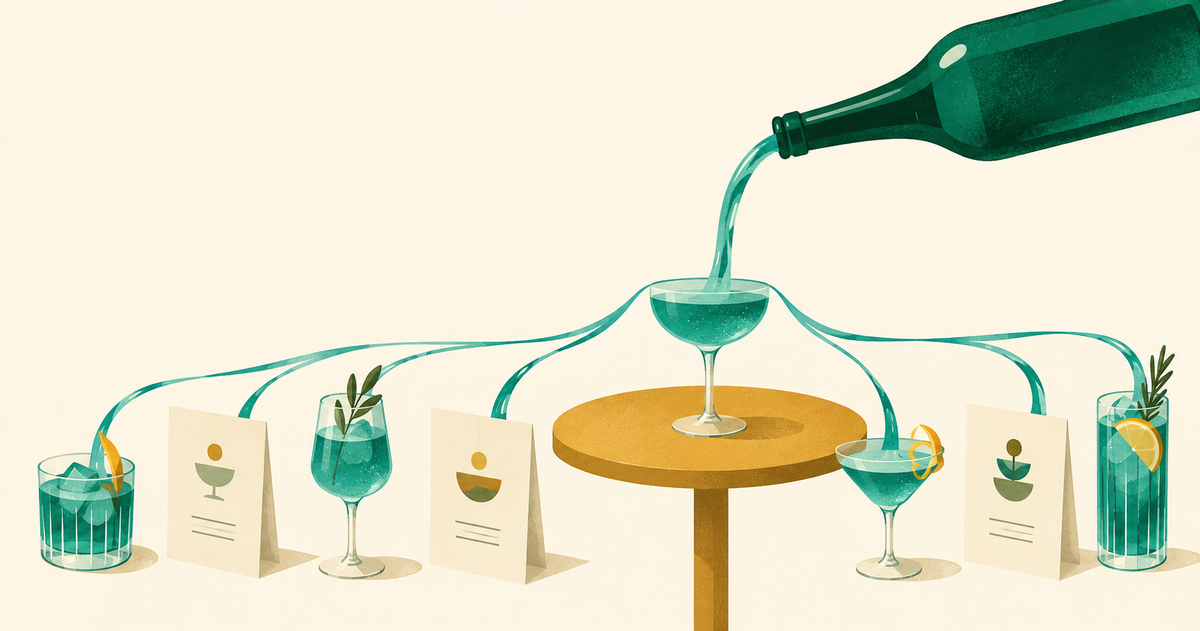 An unlabeled green bottle pours into a central glass that branches toward restaurant menus and serves.