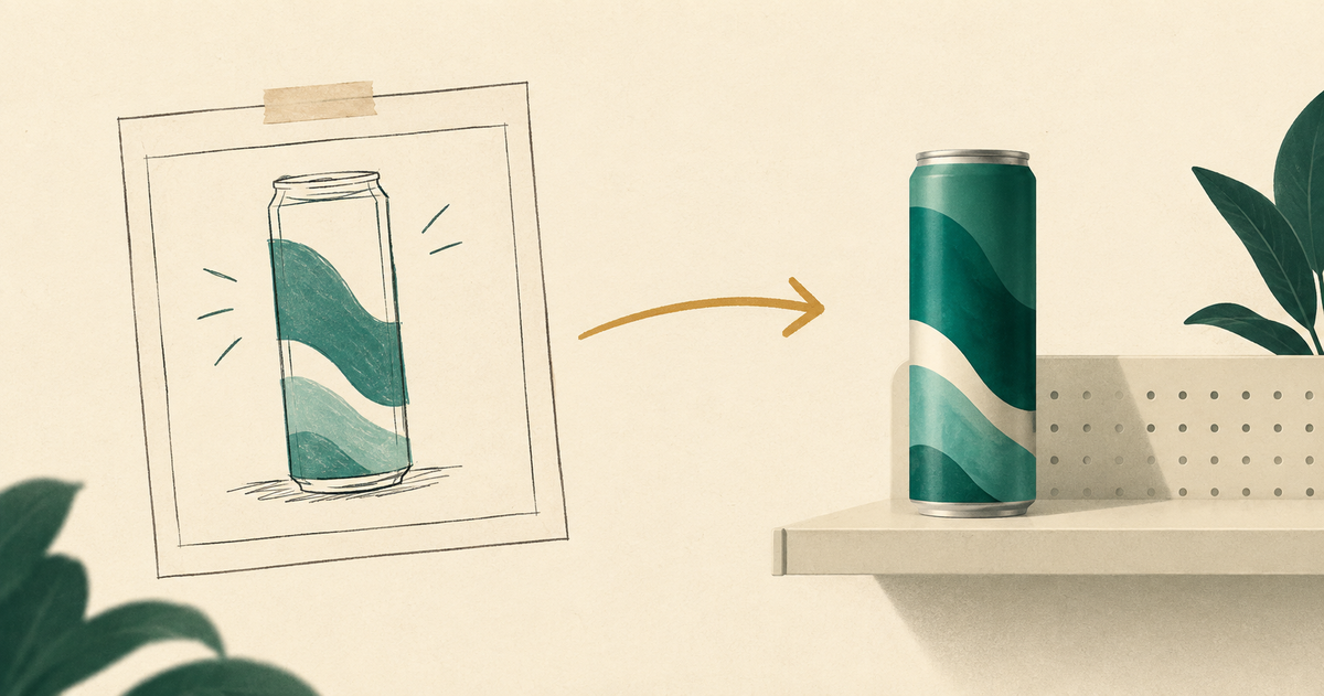 An unbranded can moves from a paper storyboard frame to a small retail shelf.