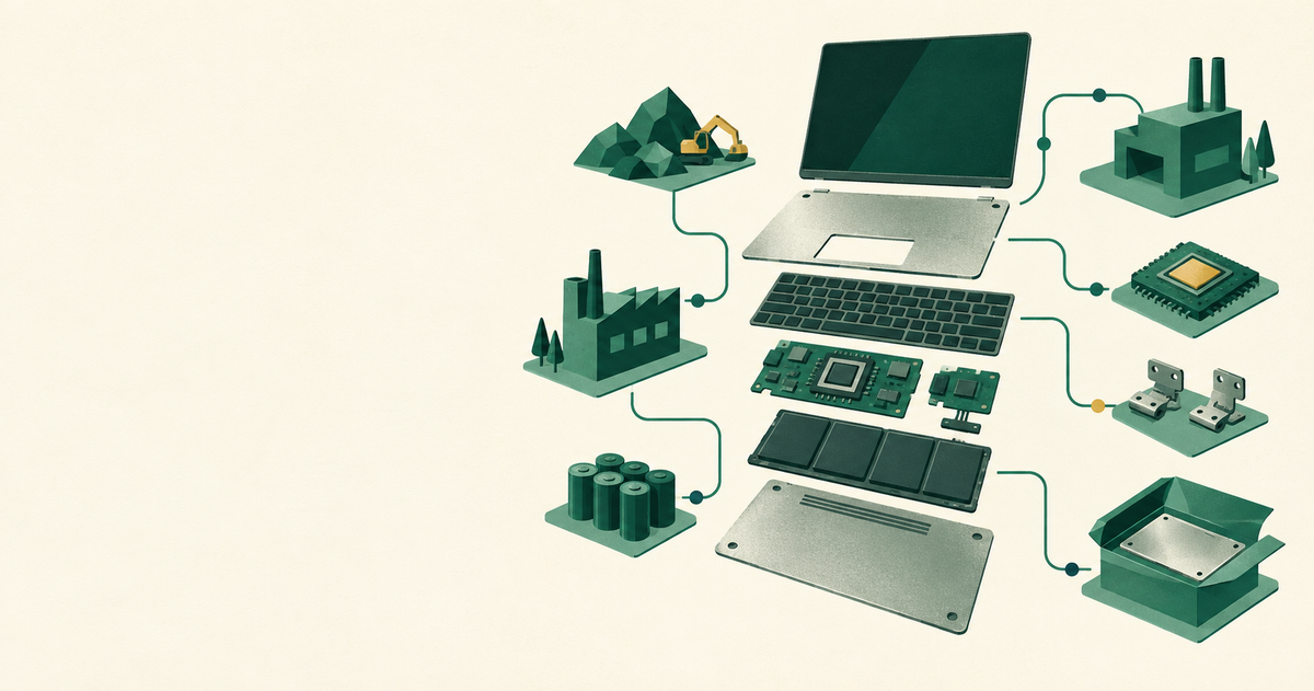 Exploded modular laptop connected to component suppliers and final packaging