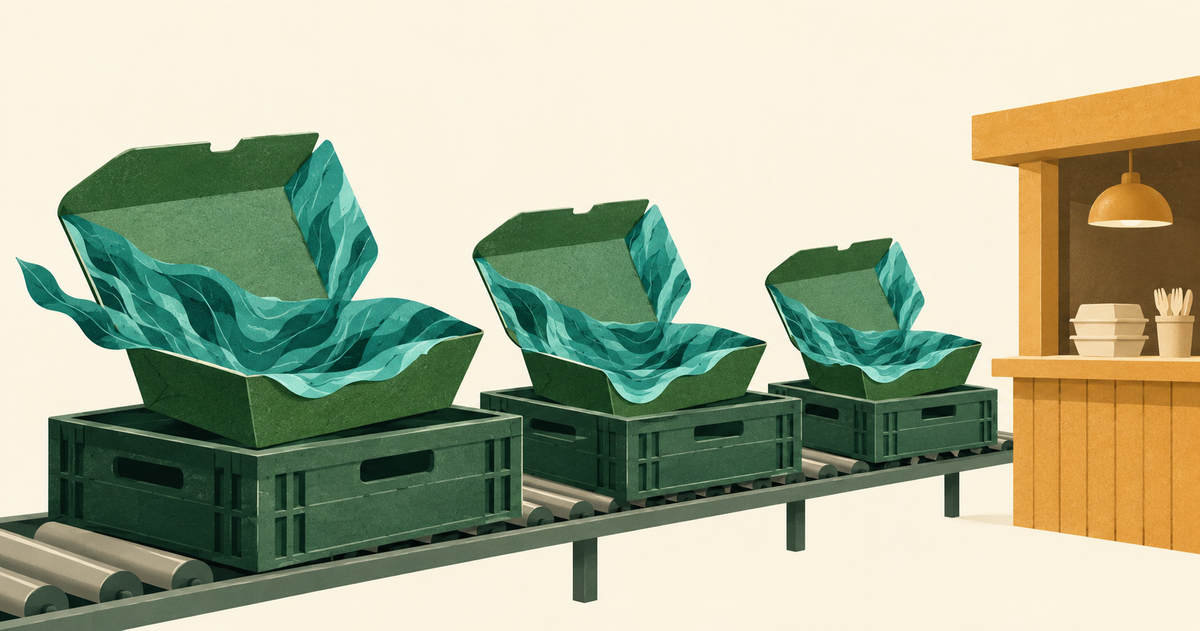 Seaweed-lined takeaway boxes move in crates toward a foodservice counter.