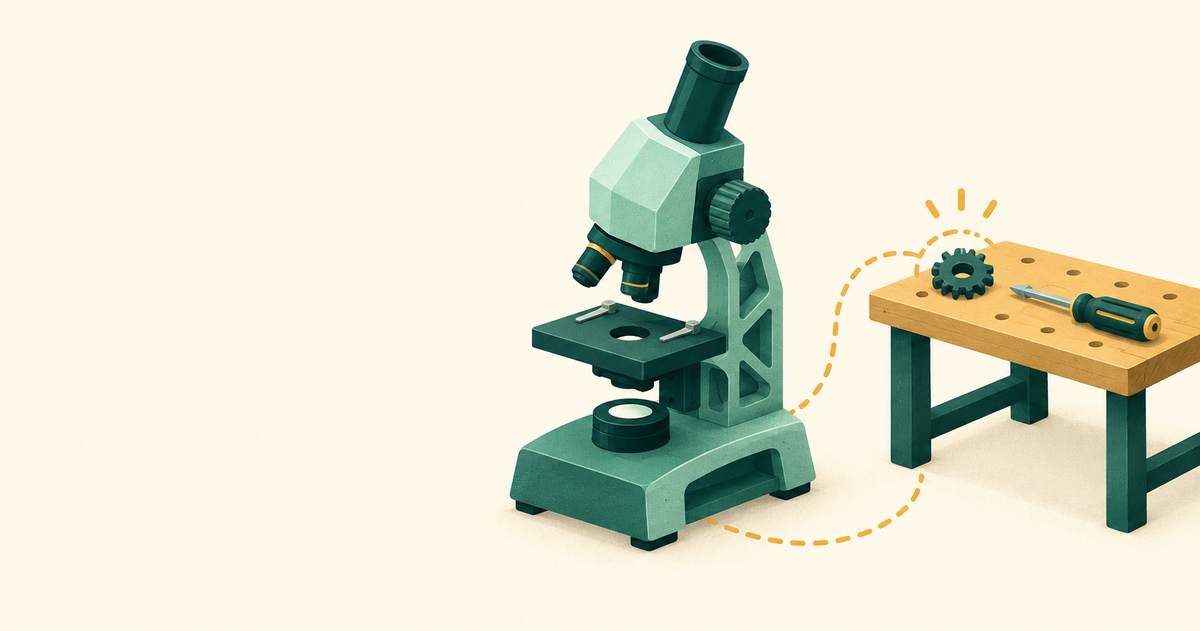 Green microscope beside a repair bench with a gear and screwdriver on a cream background