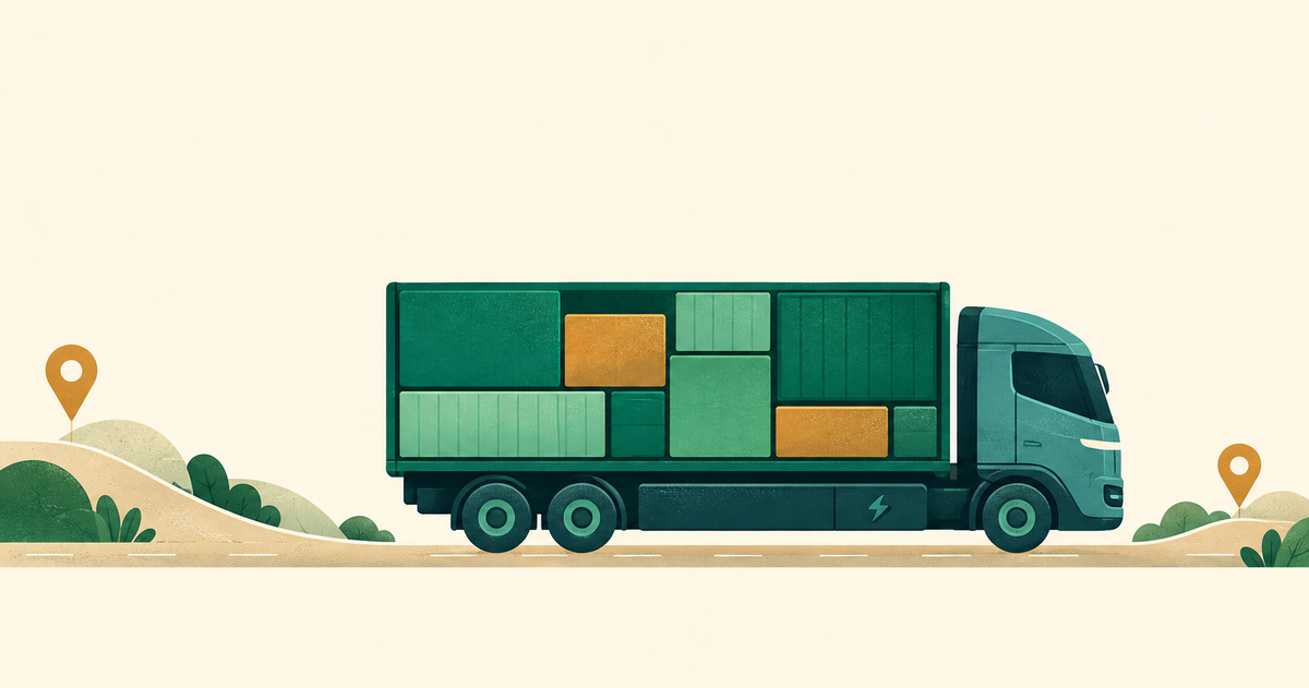 An electric cargo truck carries differently sized capacity blocks between two rural waypoints.