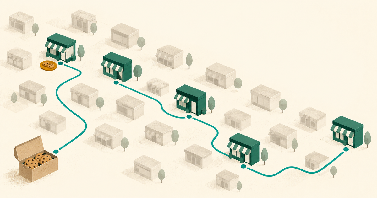 A cookie box follows a teal route through five selected stores in a larger muted grid.
