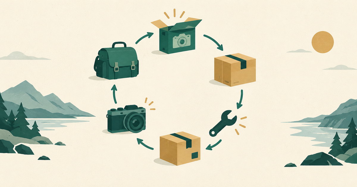 Camera gear, preorder boxes and a repair wrench form a circular product-financing flywheel.