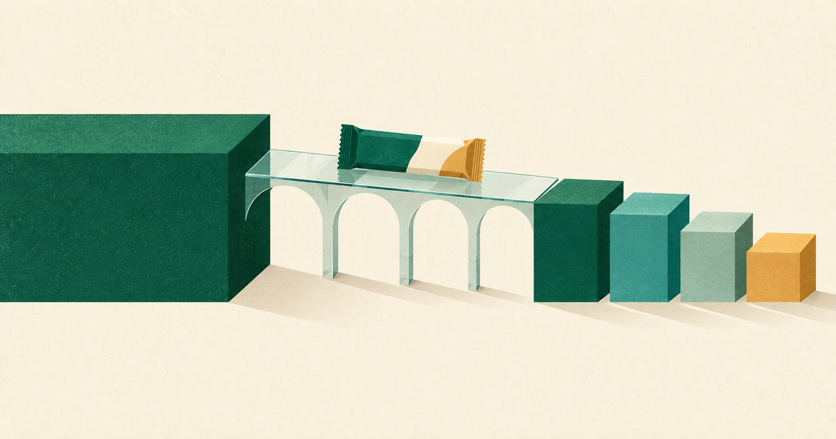 An unbranded nutrition bar crosses a bridge that separates an acquisition into ownership blocks.