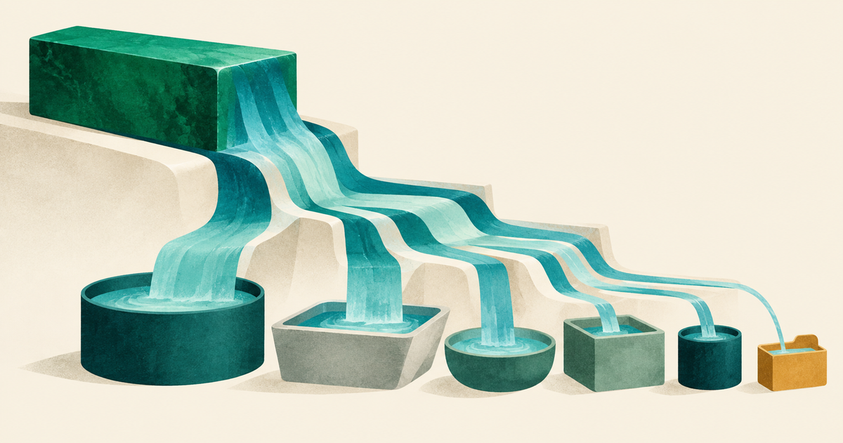 A large green acquisition block divides through layered waterfalls into several unequal ownership vessels.