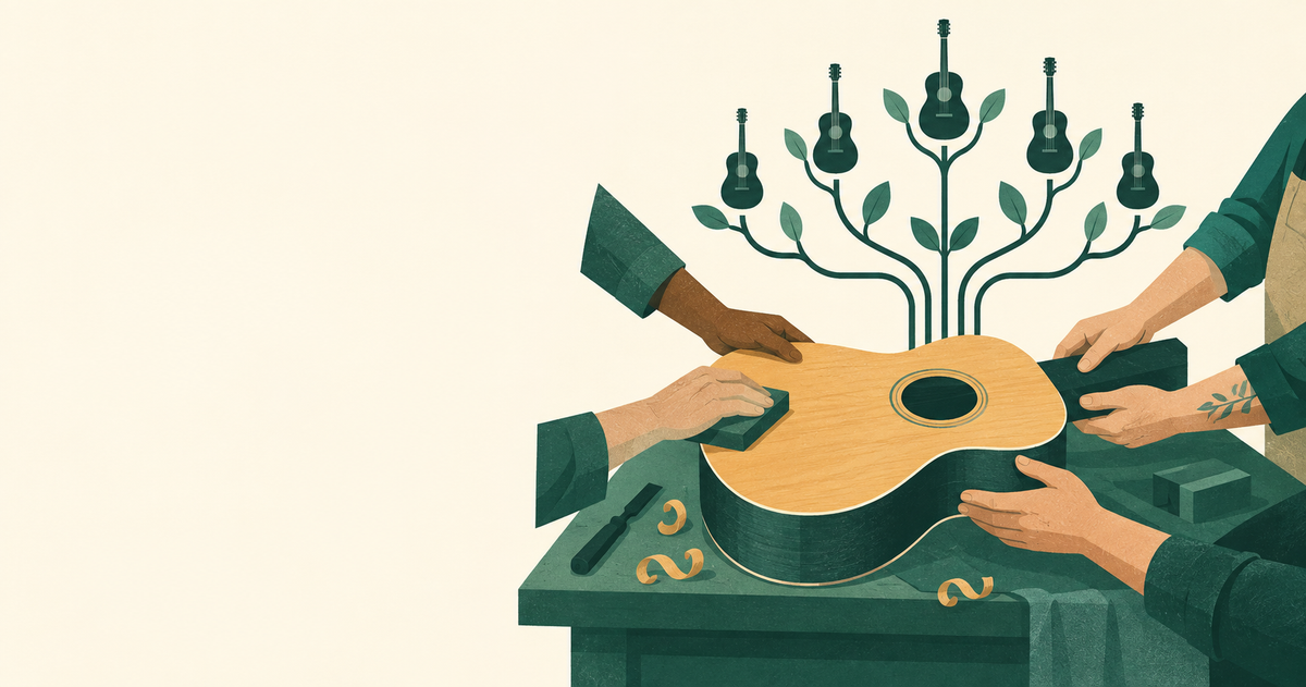 Worker hands building a guitar beneath a branching succession tree
