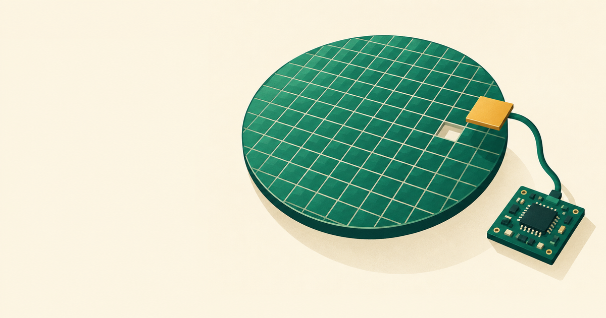 A tiled silicon wafer with one tile connected to a development board
