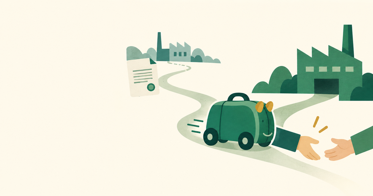 Ride-on suitcase moving from a license document toward a nearby factory and handoff