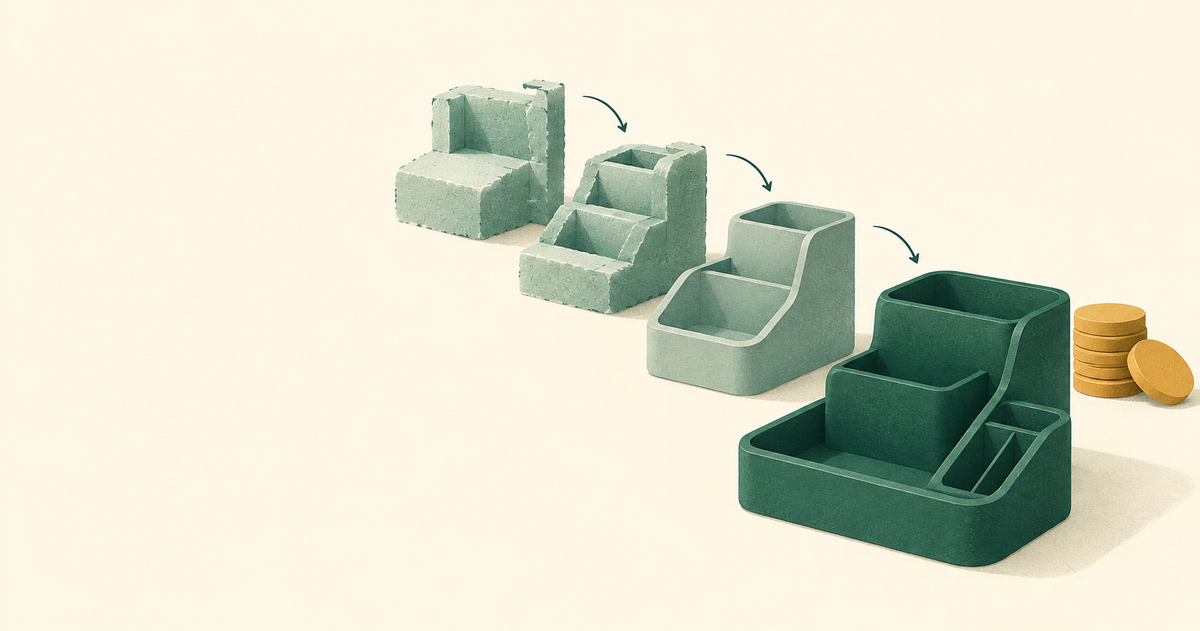Rough organizer prototypes progressing into a finished modular desk organizer