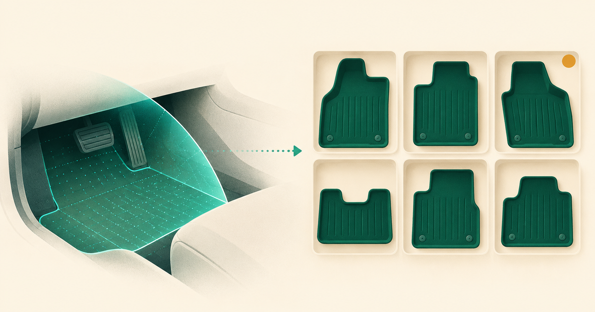 A scan of a generic car footwell becomes six distinct fitted liner shapes in catalog slots.