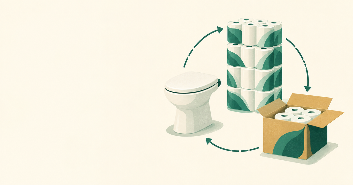 Toilet seat, stacked paper rolls, and a carton linked in a production cycle
