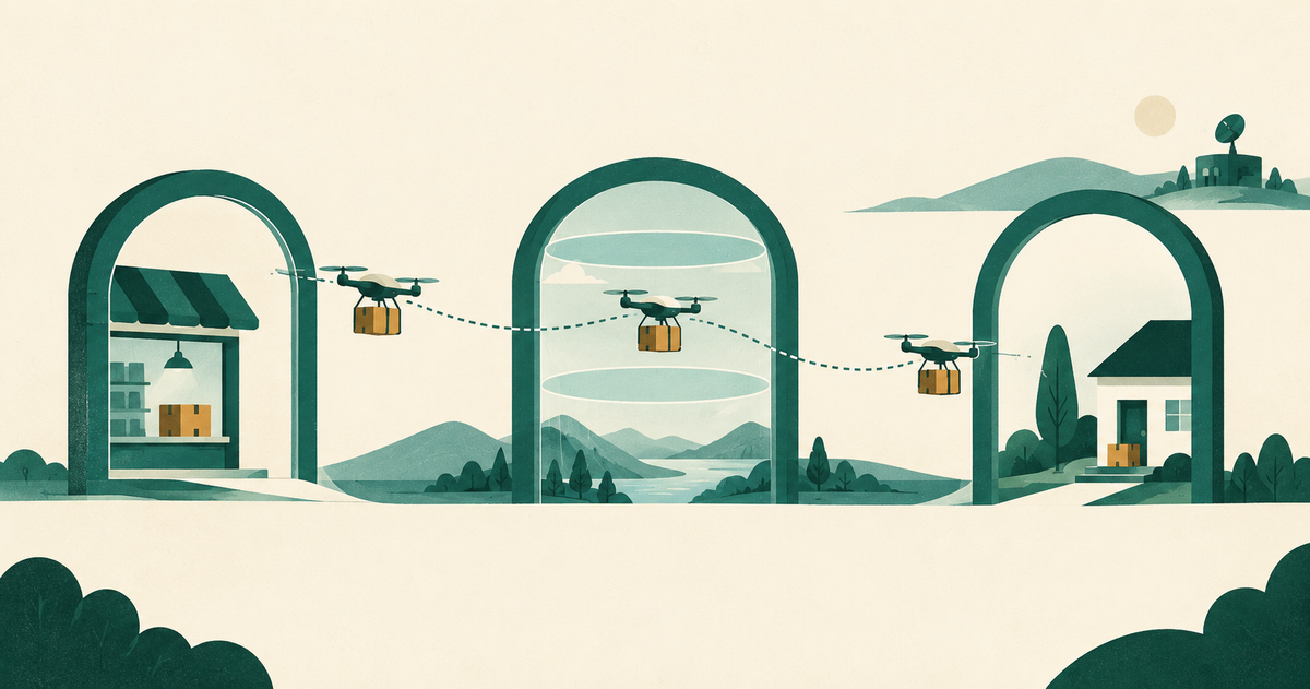 A small delivery drone carries a parcel through store, airspace and customer handoff gates.