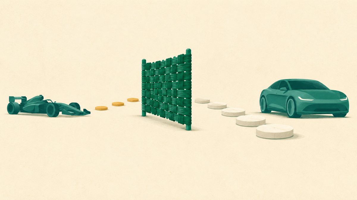 A woven material panel connects race and road cars along paths of different lengths.