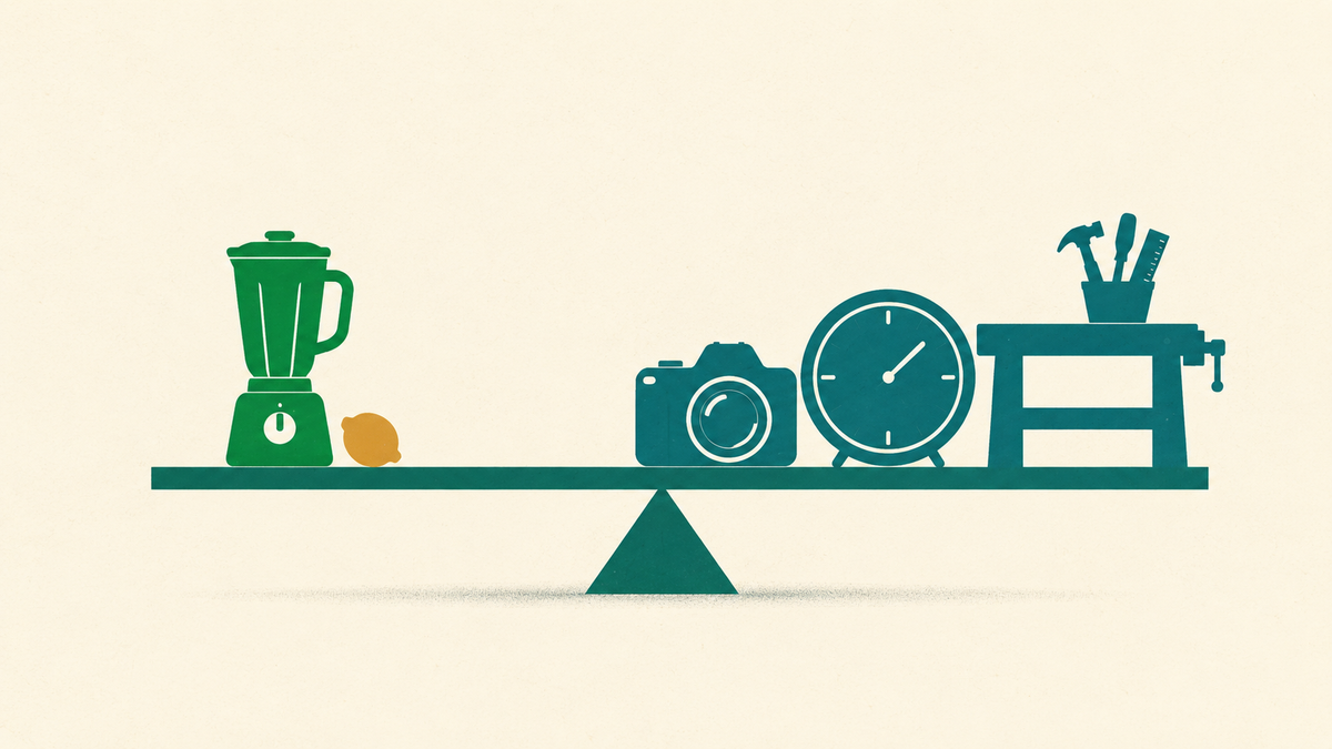 A blender and small prop balanced against the time and equipment needed for a video.