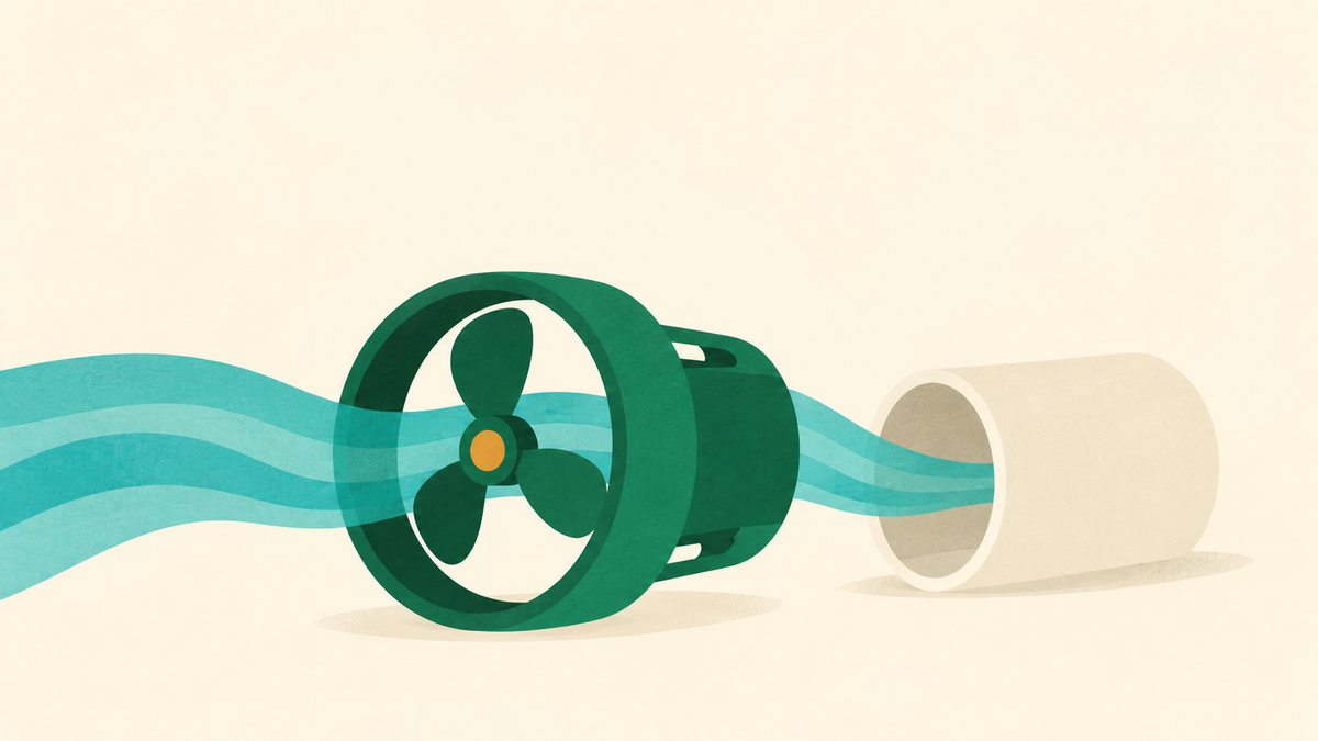 Conceptual underwater motor with teal water flowing through it beside an unused protective tube.