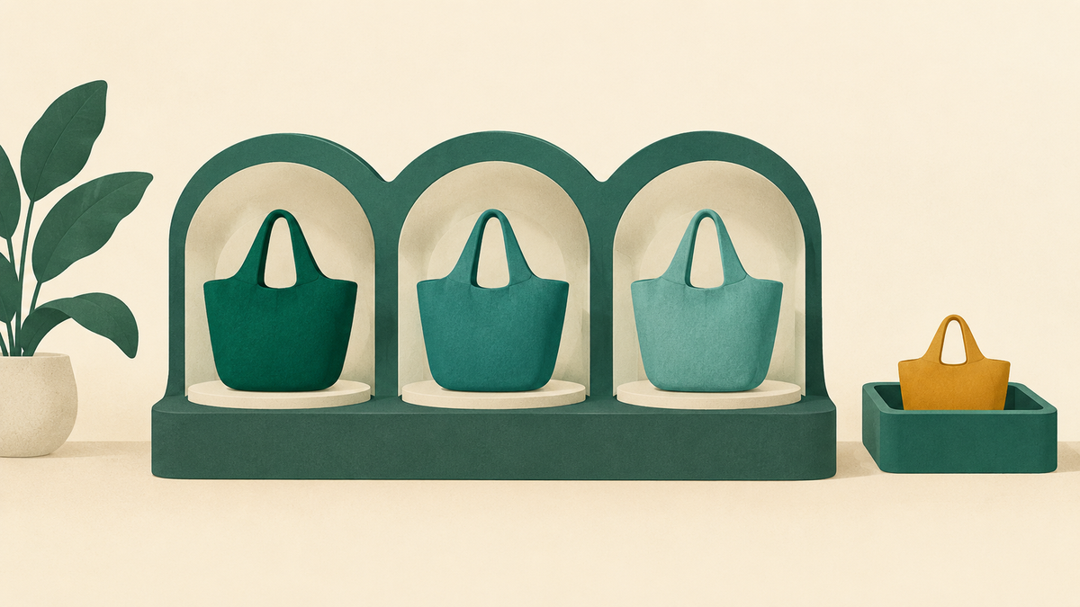 Retail shelves hold different tote variants while an unsold bag remains in a stock tray.