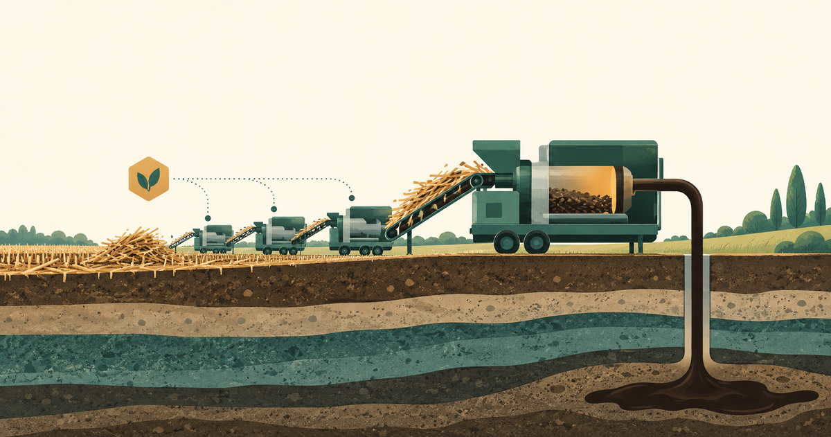 Biomass flowing through a compact machine into a sealed underground storage layer
