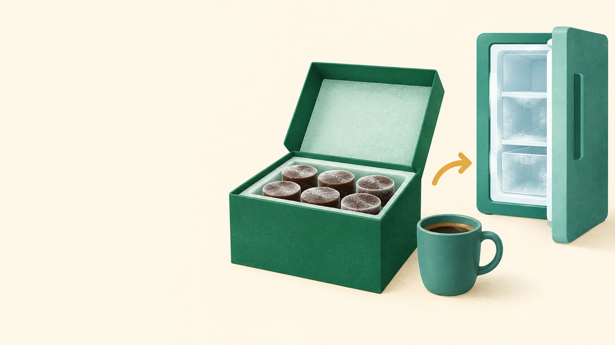 Frozen coffee portions in an open insulated box beside a cup and a simple freezer door.