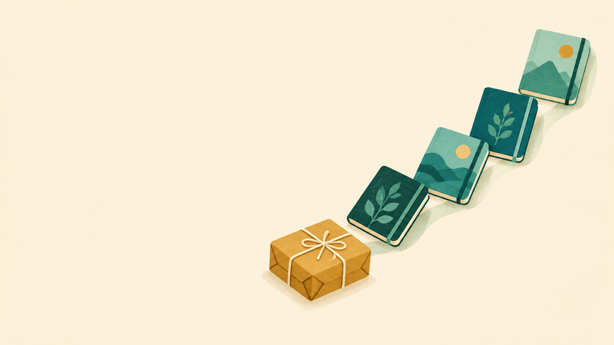 Four pocket notebooks and a parcel illustrating successive quarterly deliveries.