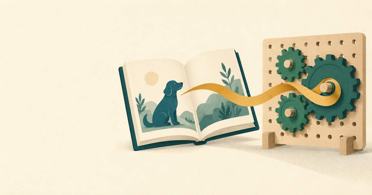 An open storybook connected by a ribbon to a wheel-and-pegboard construction kit.