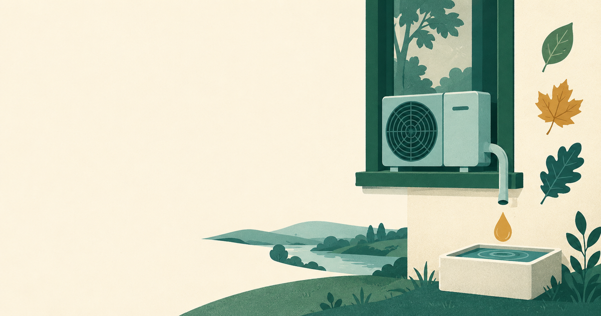 A conceptual window heat pump beside a water-collection tray and seasonal leaves.