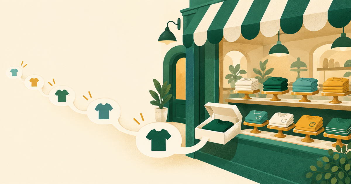 T-shirts displayed in bakery cases while a small ochre signal draws visitors into the shop