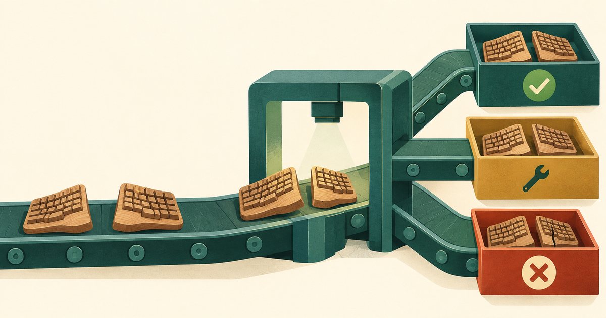 Wooden keyboard enclosure passing through a three-part quality inspection gate