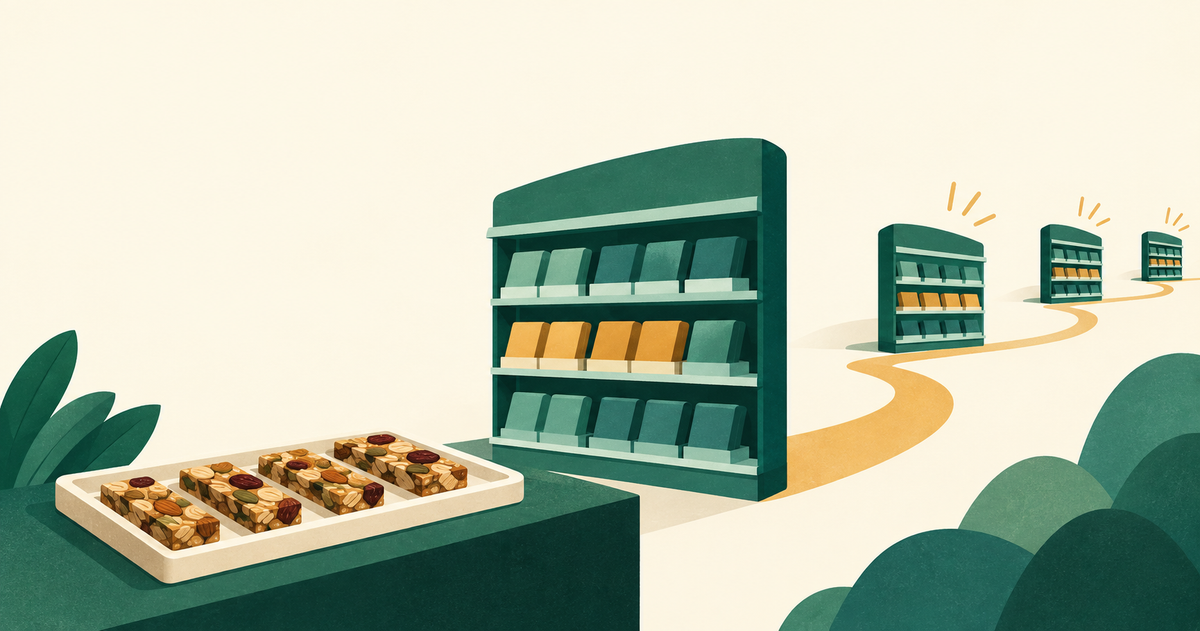 A tray of fruit-and-nut bars beside one store shelf, with a path leading to more shelves.