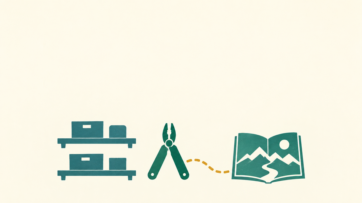 Folding pliers between product shelves and an open outdoor catalog