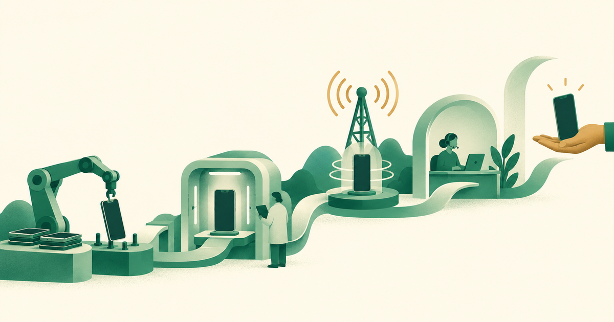An unbranded phone passes through assembly, testing, carrier signal, support, and customer checkpoints.