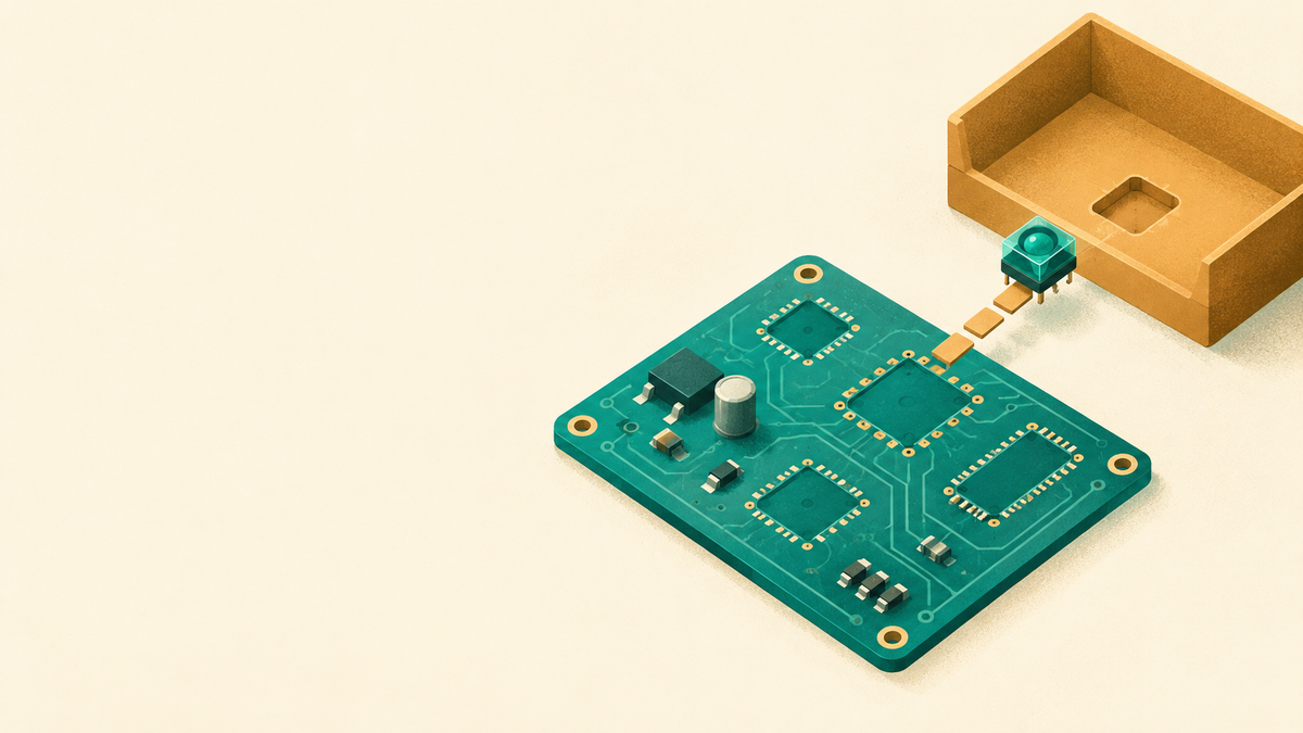 A circuit board and separated sensor illustrating a component purchase that has not reached production.