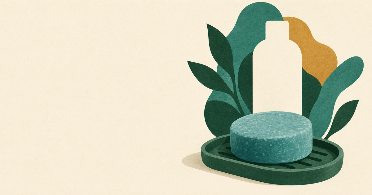 A solid shampoo bar on a draining tray beside the negative space of a bottle.