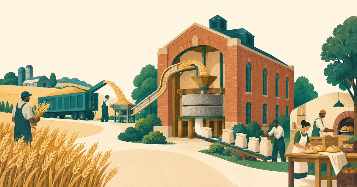 Grain stalks and bread connected through a central stone mill inside a cream landscape