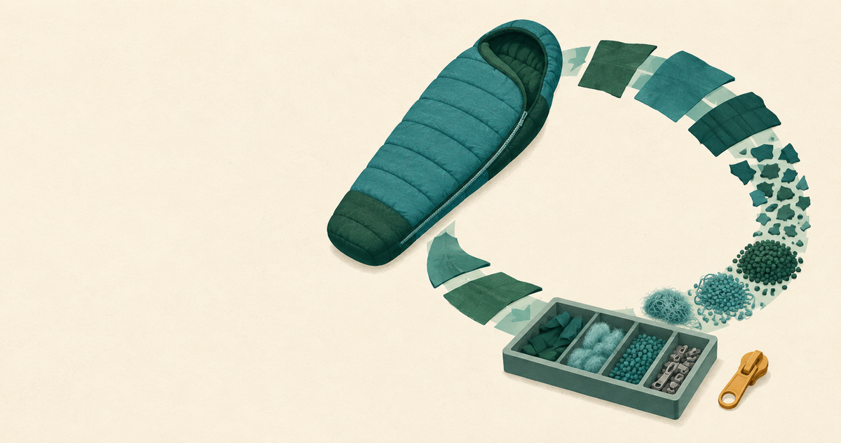 A sleeping bag following a return path toward a sorting tray, with a zipper slider set aside.