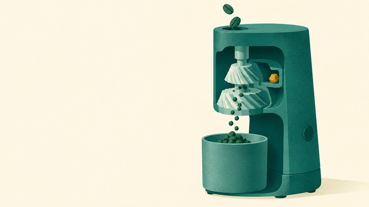 A grinder sends coffee to a cup while one particle remains in an internal pocket.