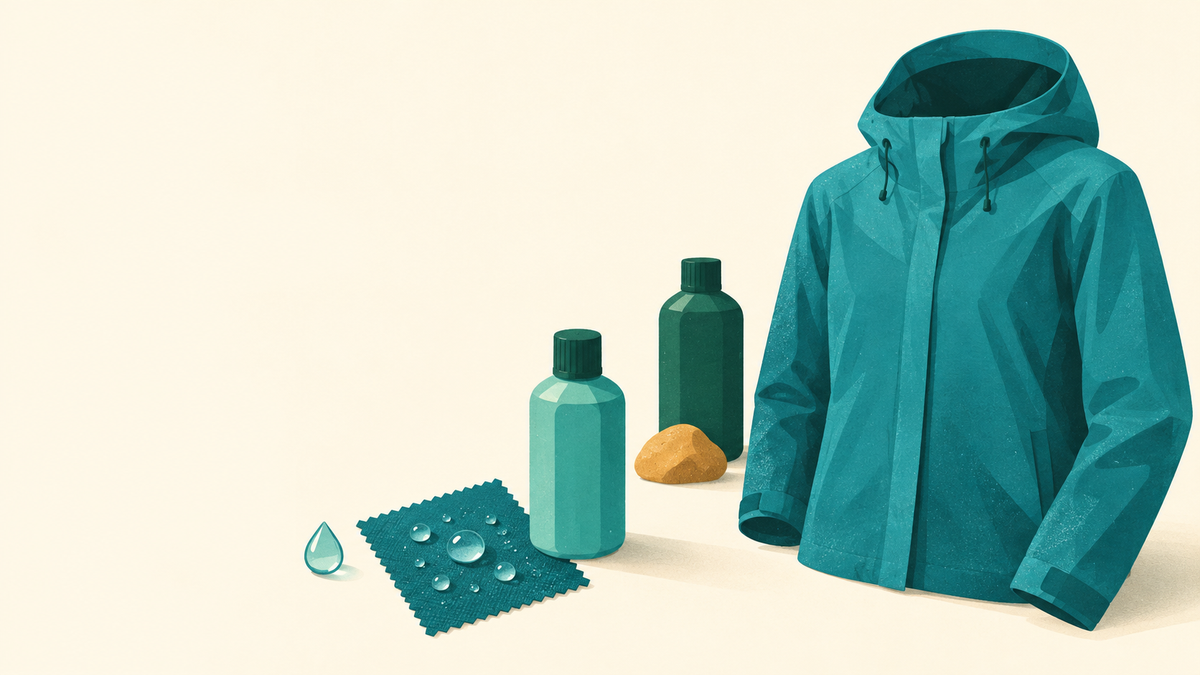 A rain jacket with beading water beside two unlabeled care bottles and a small decision marker.