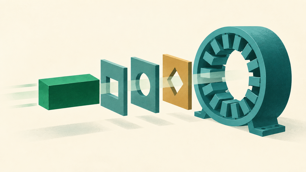 A magnet block passes through fitting gates toward a motor ring.