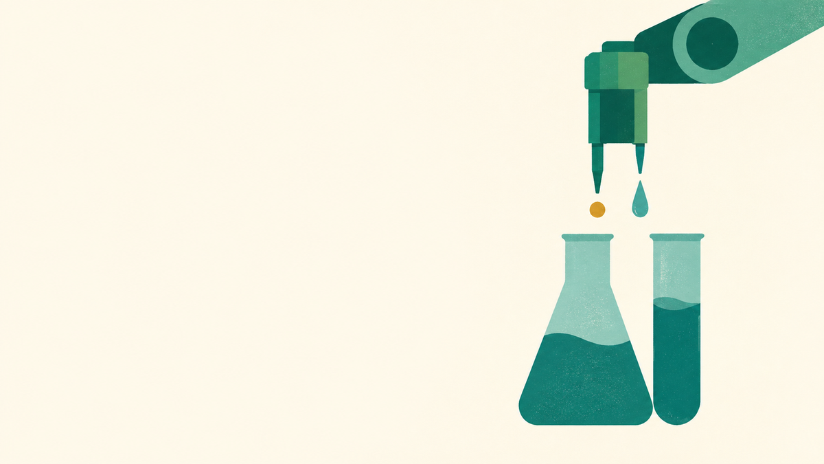 A green robotic pipette above two vessels with differently shaped droplets.