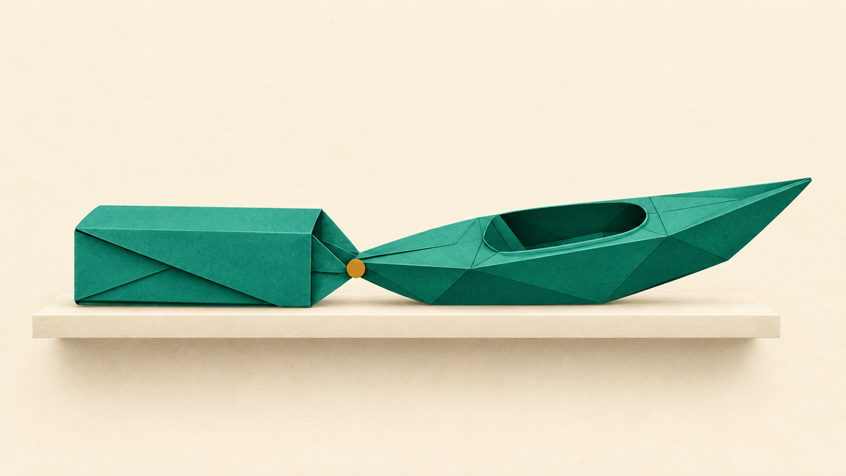 A folded kayak shape opening into a boat beside a compact storage shelf.